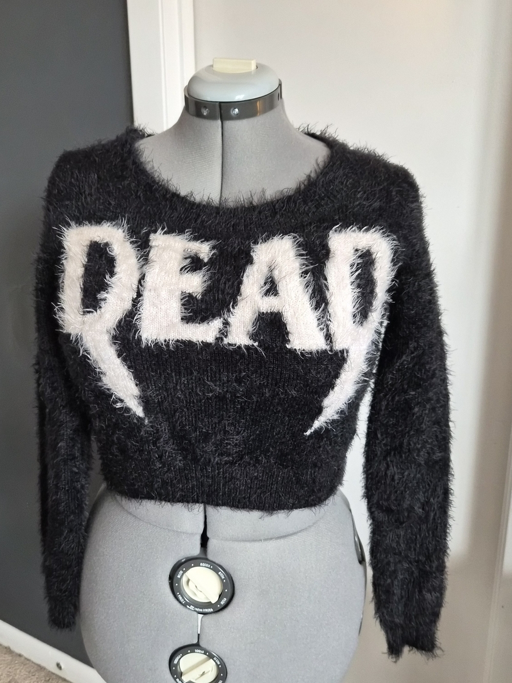 Killstar Black Fuzzy Cropped Crewneck Sweater with White 'DEAD' Graphic